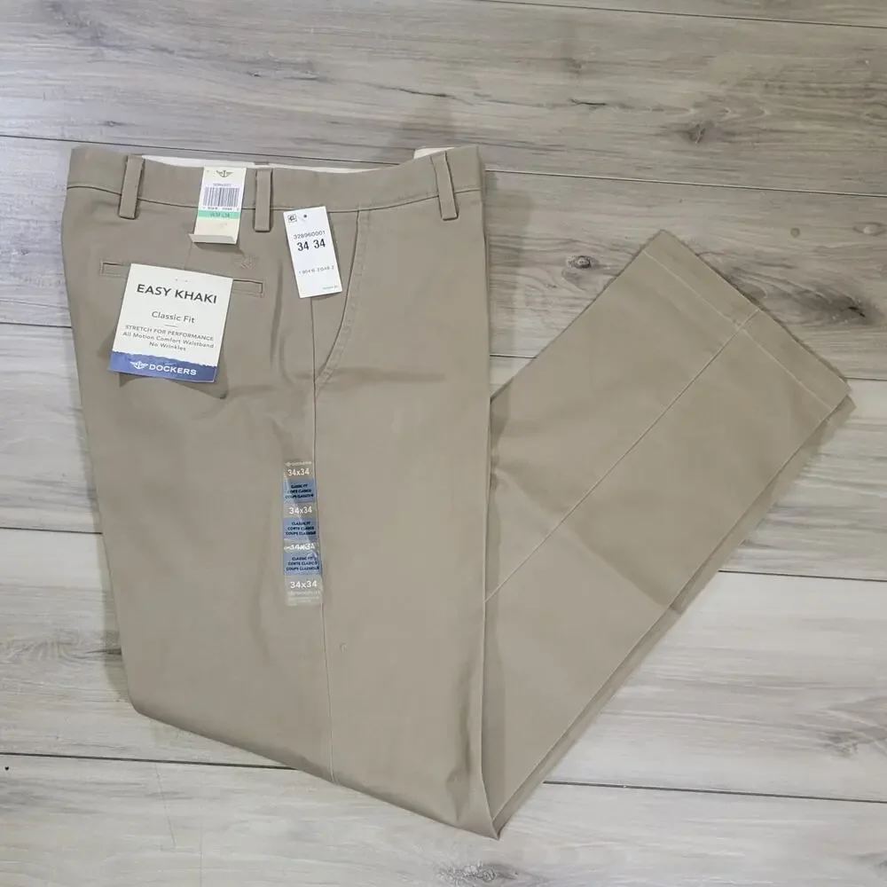 Dockers Pants Men's 34x34 Khaki Easy Khaki Classic Fit Stretch New